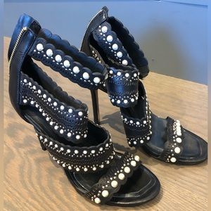 Pour La Victoire Black Heels with Pearl & Gold Embellishments